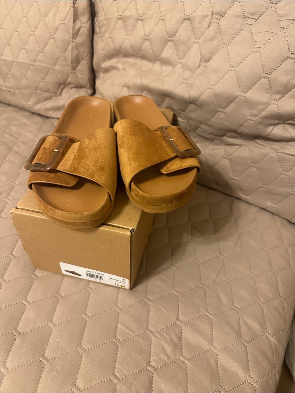 Vince Suede Slide Sandals in Caramel Brown with Buckle